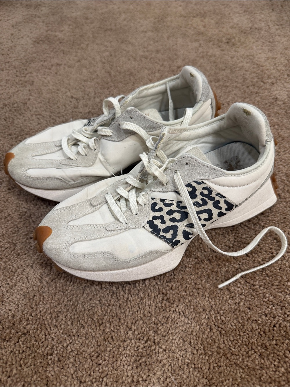 New Balance White and Tan Sneakers with Black Leopard Accent